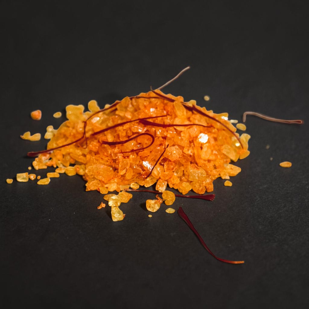 Saffron infused desert salt grinder on seared steak