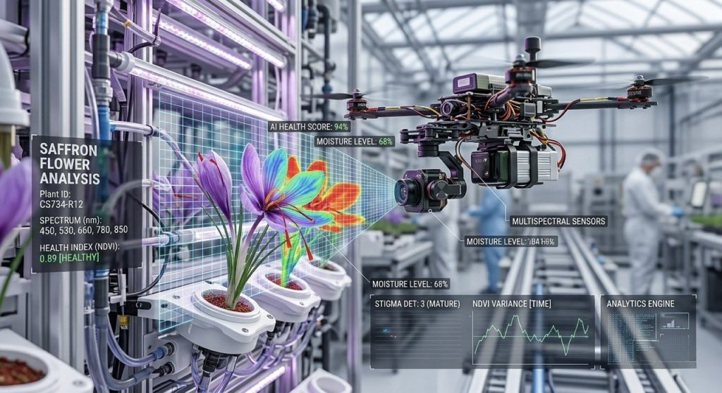 Saffron corms flowering in a precision-controlled hydroponic vertical farm system with calibrated LED spectrum lighting