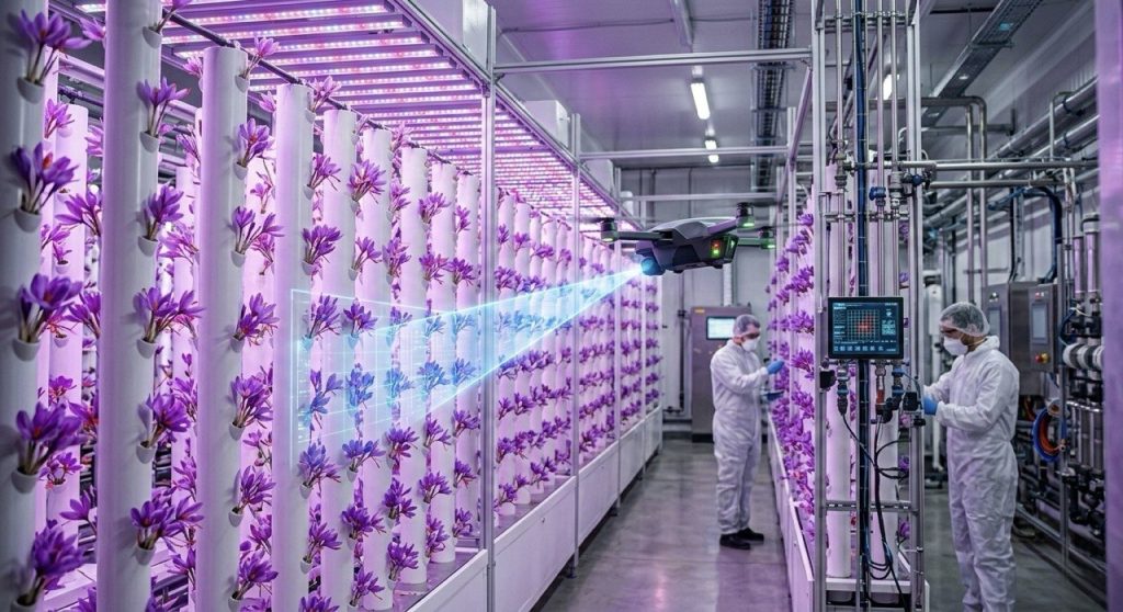 Saffron corms flowering in a precision-controlled hydroponic vertical farm system with calibrated LED spectrum lighting