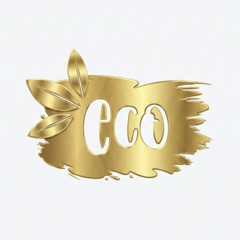 Gold "eco" text with green leaves on a light background.