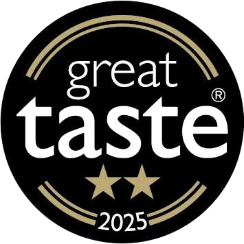 Black circular logo with "great taste" and two stars for 2025.