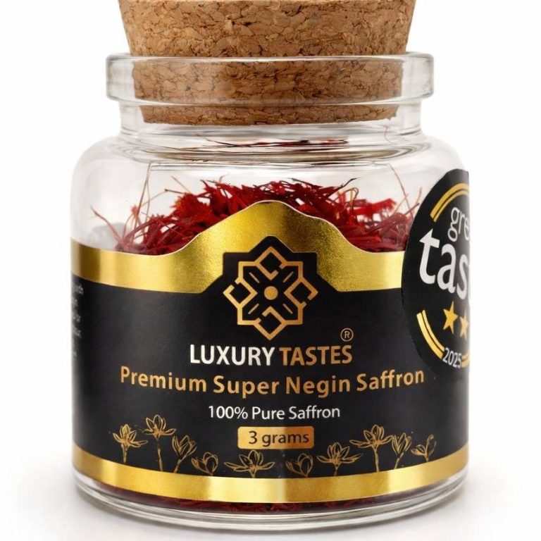 Glass jar of premium super negin saffron with a cork lid and decorative label.