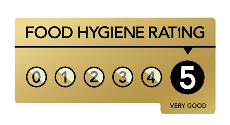 Gold food hygiene rating badge displaying "5 - Very Good".