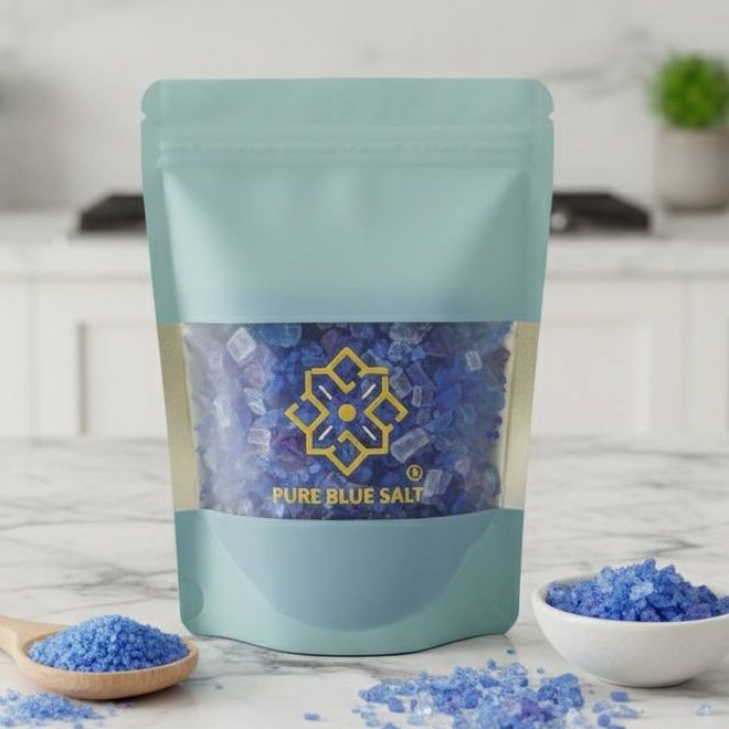 Blue salts in a clear pouch, displayed with scattered crystals and a wooden spoon.